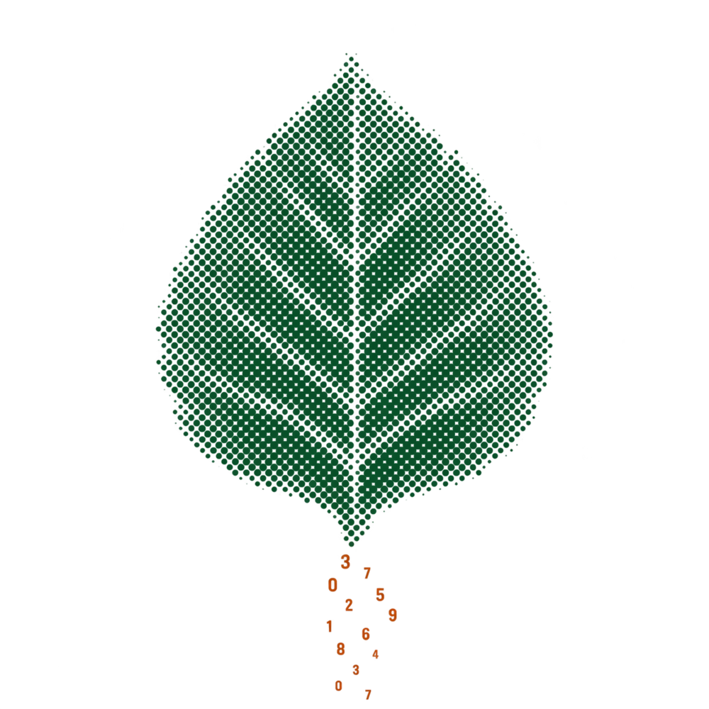 A green halftone leaf, a few orange numbers falling from its stem.
