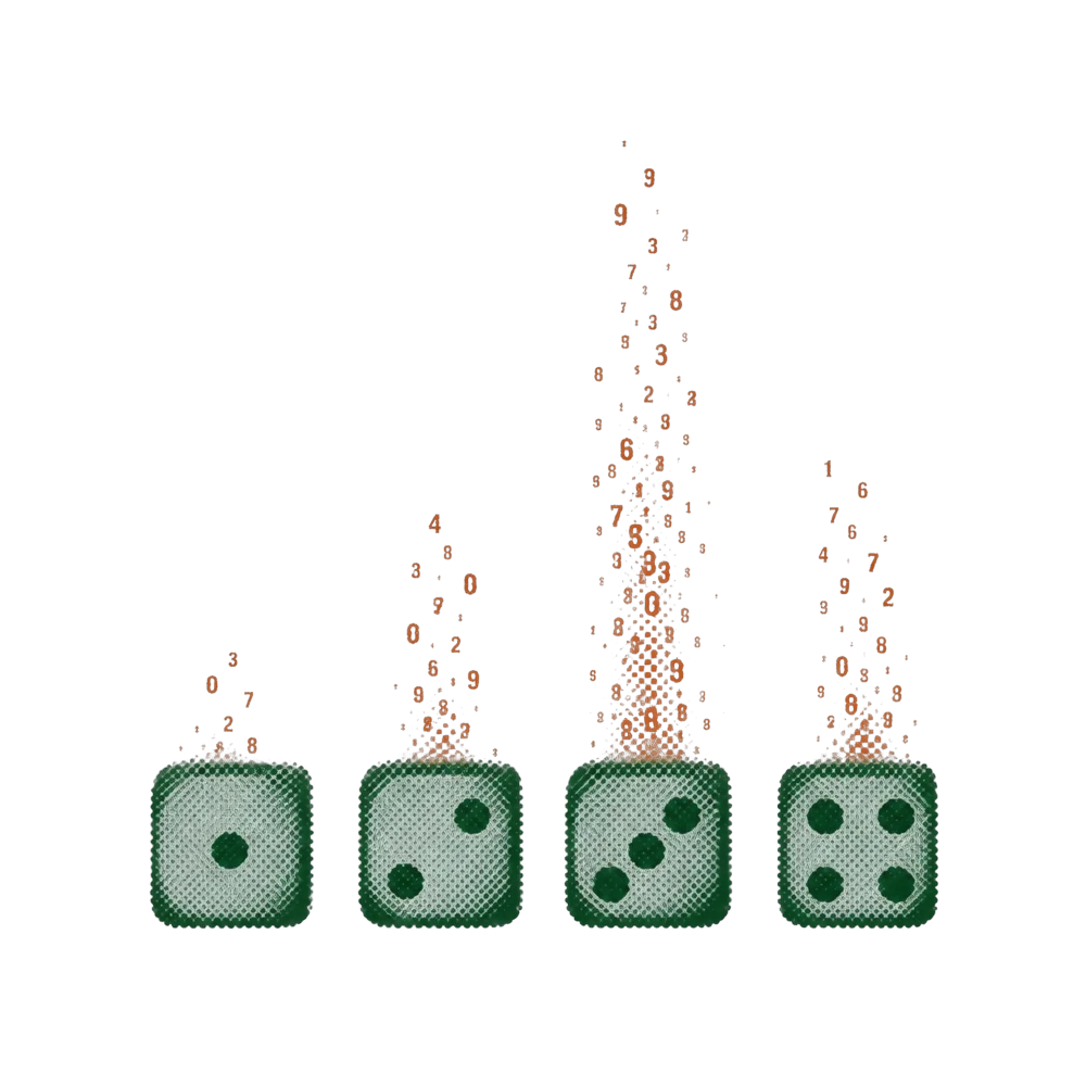 Four green halftone dice in a row, each showing a different face, each releasing its own stream of orange numbers.