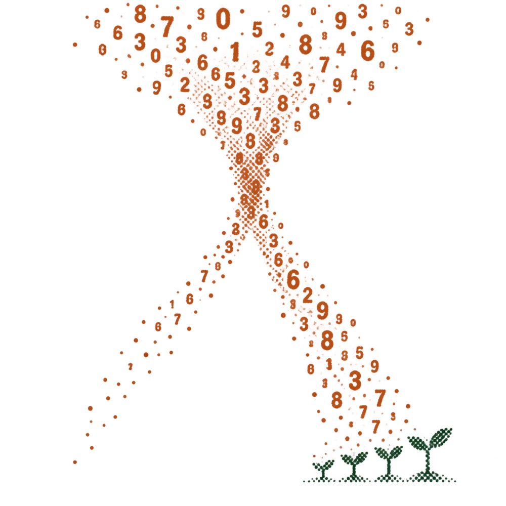 A stream of orange numbers splits in two: one channel fades to nothing, the other lands as a row of green halftone seedlings.